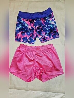 Girls Size XS 4-5 Gymnastics Shorts Bundle | Galaxy Print + Hot Pink Metallic